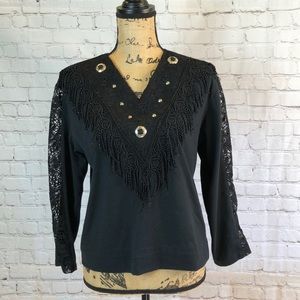 Black Top Lace Insert sleeves Embellished V Neck Large